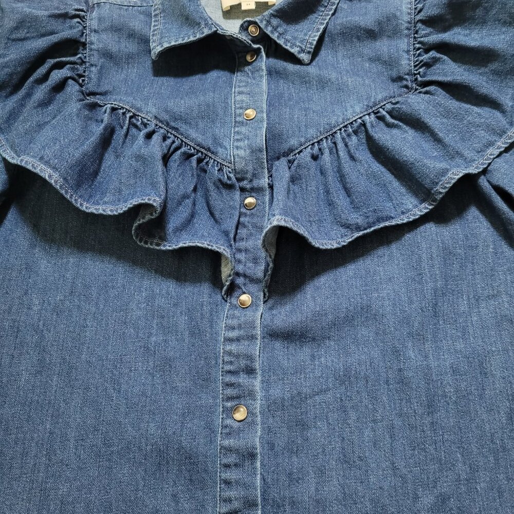 Sezane Denim Ruffle Blouse Top Long Sleeve Blue Romantic French Size 34 Western - Picture 4 of 10